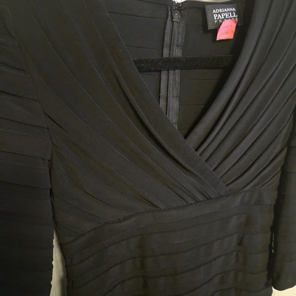 Adrianna Papell Petite Black Formal Sheath Dress V Neck 3/4 Sleeve Elegant
